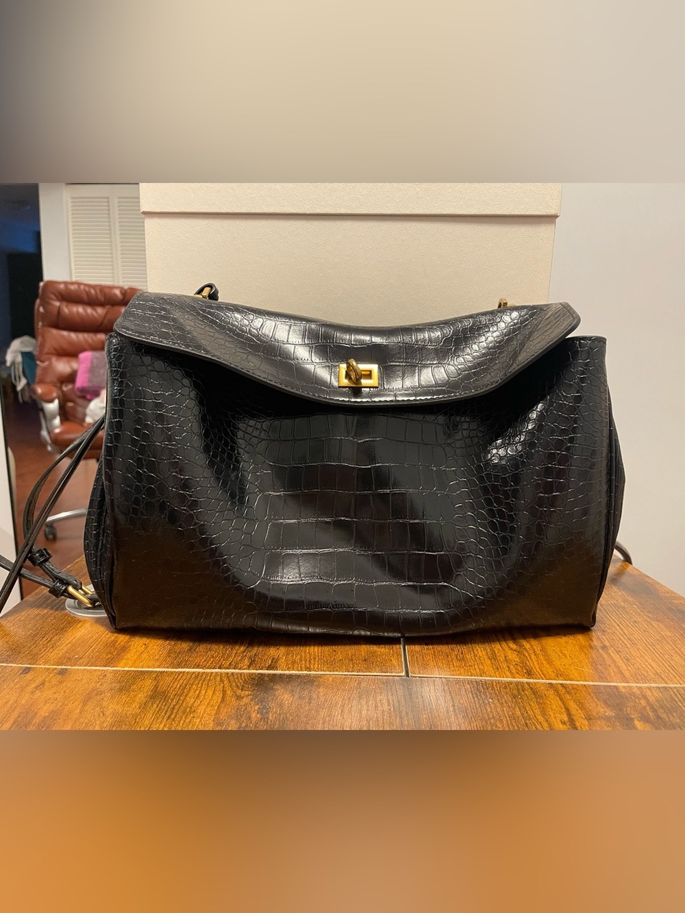 Black Croc-Embossed Women’s Shoulder Bag with Gold Hardware LARGE